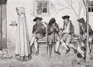 &39;Os soldados feridos sentados ao longo do muro&39;, ilustração da Harper&39;s Magazine, outubro de 1889 de Howard Pyle