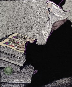 O mágico Merlin. Ilustração de Howard Pyle (1853 - 1911), cartunista americano, para "The Story of King Arthur and His Knights" (A História do Rei Artur e Seus Cavaleiros) de Howard Pyle