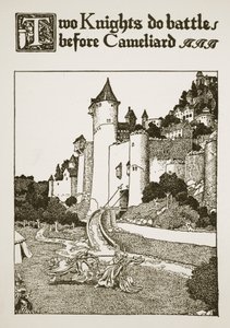 Dois Cavaleiros batalham antes de Cameliard, ilustração de "A História do Rei Arthur e seus Cavaleiros", 1903 de Howard Pyle