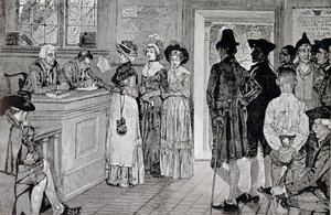 Mulheres nas votações em New-jersey, ilustração "das mulheres nas votações em New-jersey nos bons tempos velhos", bar. em &39;Harper&39;s Weekly&39;, 1880 de Howard Pyle
