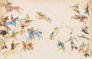 Uma Batalha entre o Corvo e as Tribos Cheyenne, 1874-75 (caneta, tinta e papel de contabilidade)