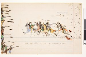No Massacre de Sand Creek, 1874-75 (caneta, tinta e wc no papel de livro)