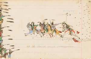 No Massacre de Sand Creek, 1874-75 (caneta, tinta e wc no papel de livro)