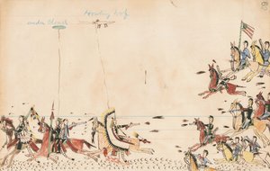 Under Cloud e Howling Wolf lutam com o General Sully em 1868, 7th Cavy perto do Present Camp Supply, 1874-75 (caneta, tinta e papel de contabilidade)