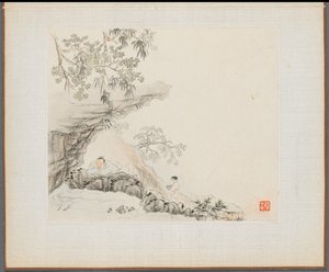 Álbum de Pinturas de Paisagem Ilustrando Poemas Antigos: Um Homem Encontra-se sob uma Saliência Rochosa; um menino está à sua direita