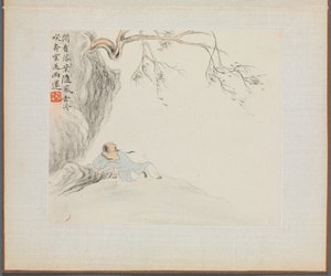 Álbum de pinturas de paisagem que ilustram poemas antigos: um homem reclina sob um galho pendente