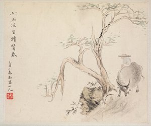 Álbum de pinturas de paisagens que ilustram poemas antigos: um homem senta-se em um búfalo de água, década de 1700.