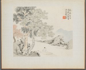 Álbum de pinturas de paisagem ilustrando poemas antigos: três grandes árvores, um riacho com um velho sentado na margem