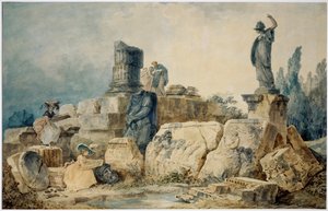 Duas jovens desenham as ruínas de Roma, três figuras com roupas antigas observam-nas de cima ... de Hubert (circle of) Robert