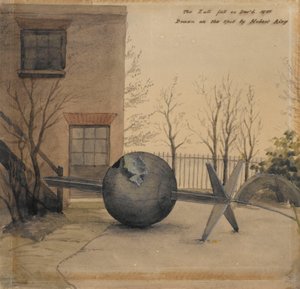 Bola do tempo caída no pátio do Observatório Real, Greenwich, dezembro de 1855 (aguarela) de Hubert Airy