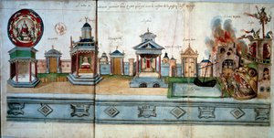 Frontispício ilustrando a paixão e a ressurreição de Jesus Cristo. Da esquerda para a direita: Paraíso (com um quarto vazio), o portão de Nazaré, o templo, o portão de Jerusalém, o palácio (com a casa de enigmas), o portão de Doree, o limbo dos pais e o de Hubert Cailleau