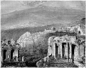 Monte Etna e uma vista de Taormina, Sicília, Itália, século XIX