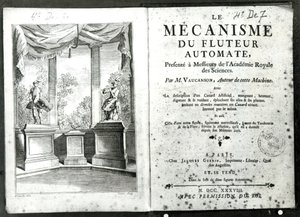 Automatons, ilustração do frontispício de "Le Mecanisme du fluteur automate" de Jacques de Vaucanson, gravada por François Vivares (1709-80) 1738