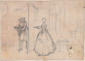 Estudo para «Enganar o tio dela», vinheta gravada em água-forte em «Canções na ópera Flora» de Hubert Francois Gravelot