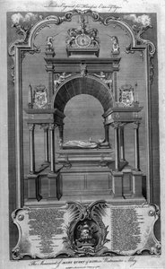 O Monumento de Maria Rainha dos Escoceses na Abadia de Westminster, ilustração da "História da Inglaterra" de Rapin, gravada por John Goldar, 1786