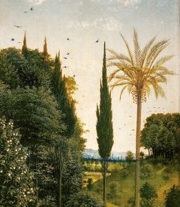 Detalhe de Os Peregrinos guiados por São Cristóvão, a partir do lado direito do Altar de Gand de Hubert & Jan van (1390 1441) Eyck