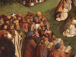 Detalhe da Adoração do Cordeiro Místico, a partir do painel central do Altar de Gand (óleo sobre painel) de Hubert & Jan van (1390 1441) Eyck