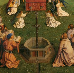 A Adoração do Cordeiro Místico, a partir do Altar de Gand, detalhe da metade inferior do painel central