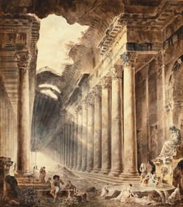 Um edifício térmico com colunas, o telhado parcialmente aberto para o céu, com meninas lavando roupas em uma fonte abaixo de uma estátua, de Hubert Robert