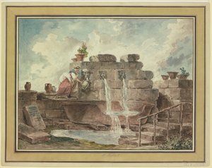 Uma fonte romana com uma mulher a recolher água de Hubert Robert