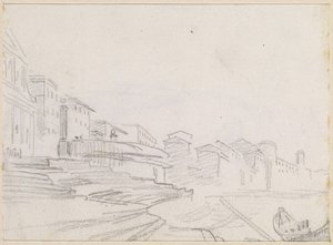 Edifícios ao longo de um Riverside [verso] de Hubert Robert