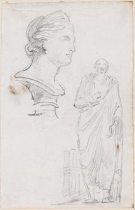 Busto de uma mulher romana e estátua de um homem romano de Hubert Robert