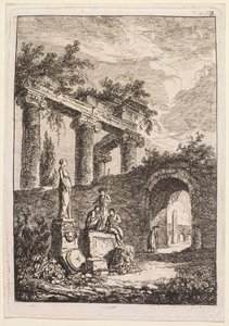 Noites em Roma: a estátua em frente às ruínas, 1763-1764. de Hubert Robert