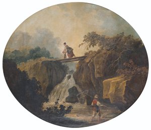 Francês: Paisagem de uma cascata com uma ponte de Hubert Robert