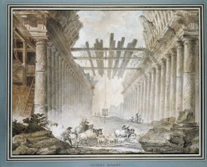 Rebanho nas ruínas de um templo de desenho (óleo sobre tela) de Hubert Robert