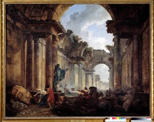 Vista Imaginária da Grande Galeria do Louvre em Ruínas Pintura por Hubert Robert (1733-1808) Sol. 1,14x1,46 m. de Hubert Robert