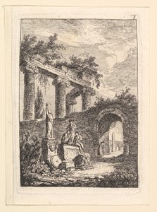 A estátua em frente às ruínas. de Hubert Robert