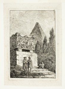 Paisagem com pirâmide e sarcófago, placa seis de Les Soirées de Rome de Hubert Robert
