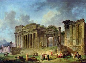 Homem desenhando as ruínas de um templo clássico (óleo sobre tela) de Hubert Robert
