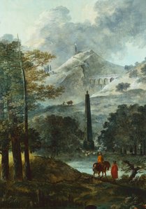 Paisagem montanhosa com obelisco (óleo sobre tela) de Hubert Robert