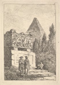 Ilustração 6: O sarcófago: dois homens conversando para a esquerda, outro homem sentado e dormindo ..., ca. 1763-64. de Hubert Robert