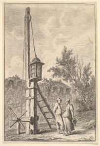 Placa 9: A polia: um homem e uma mulher conversando à direita, uma lanterna pendurada em um poste..., ca. 1763-64. de Hubert Robert