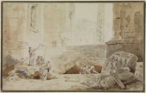 Capricho romano com uma cantora de rua de Hubert Robert