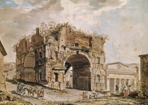 Ruínas Romanas (caneta e tinta e wc no papel) de Hubert Robert