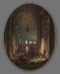 A Colunata de São Pedro, Roma, durante o Conclave, c.1769. de Hubert Robert