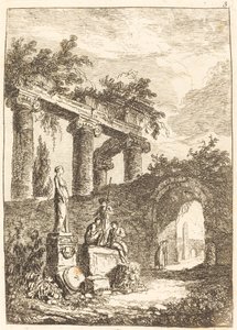 A estátua antes das ruínas de Hubert Robert