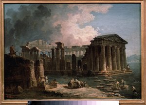Um templo cercado por águas. Pintura de Hubert Robert (1733-1808), óleo sobre tela, cerca de 1780, arte francesa. Museu Estadual de Belas Artes A. Pushkin, Moscou. de Hubert Robert