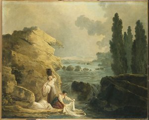 Lavadeiras por uma cascata de Hubert Robert