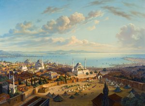 "Vue de Constantinople depuis la tour de Serasker (Bayezid ou Seraskier)" (Constantinopla da Torre do Fogo de Beyazit) Peinture de Hubert Sattler (1817-1904) Óleo sobre tela, 74x101,5 - Colecção Privada
