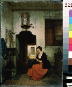 ""La brodeuse"" (A bordadeira) Jovem fazendo trabalho de costura em um interior belga. Pintura de Hubertus van Hove (1814-1865) 1860 Museu de Arte Mikhail Kroshitsky, Sevastopol (Sevastopol) Ucrânia