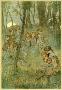 E as fadas campestres noturnas, olhem, cantem, de The Merry Wives of Windsor, pub. 1910 de Hugh Thomson