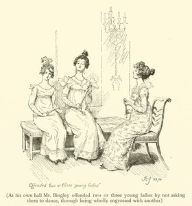 No seu próprio baile o Sr. Bingley ofendeu duas ou três jovens senhoras por não as convidar para dançar, por estarem totalmente absorvidas por outra (gravura) de Hugh Thomson