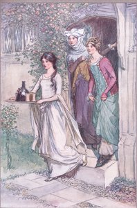 "Entre em Anne Page com vinho, Mistress Ford e Mistress Page seguindo", ilustração de 