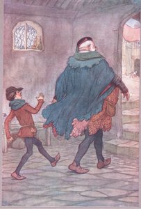 Exeunt Falstaff e Robin, ilustração de The Merry Wives of Windsor, 1910 de Hugh Thomson