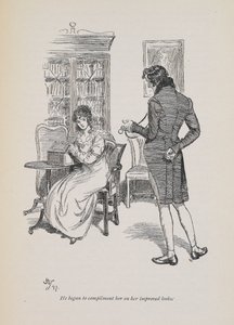 Começou a elogiá-la pela sua aparência melhorada", para Jane Austen romance 1897 (gravura) de Hugh Thomson