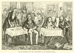 Major Pendennis e os Interlopers em sua mesa de café da manhã (gravura) de Hugh Thomson